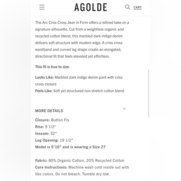 NWT Agolde Brand, criss cross jeans in Form. Button fly, mid-rise. Size 33 - Picture 6 of 6